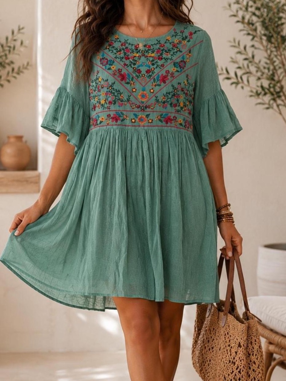 Umgee Teal Green Embroidered Mini Dress S